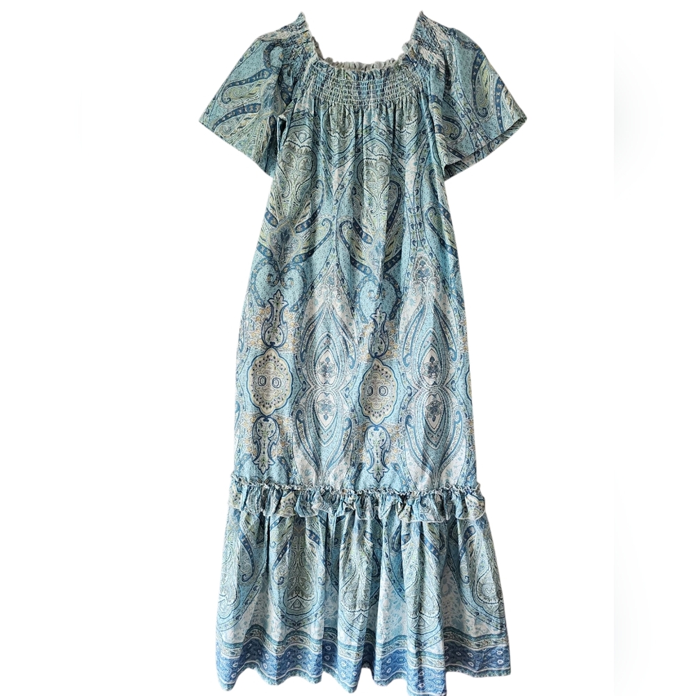 TYLER BOE Short Sleeve Multi Paisley Print Off Shoulder Long Flare Dress Size S